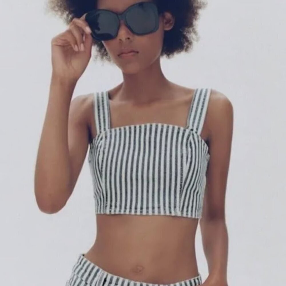 Zara Railroad Blue/White Striped Denim Sleeveless Cropped Bra Top 3672